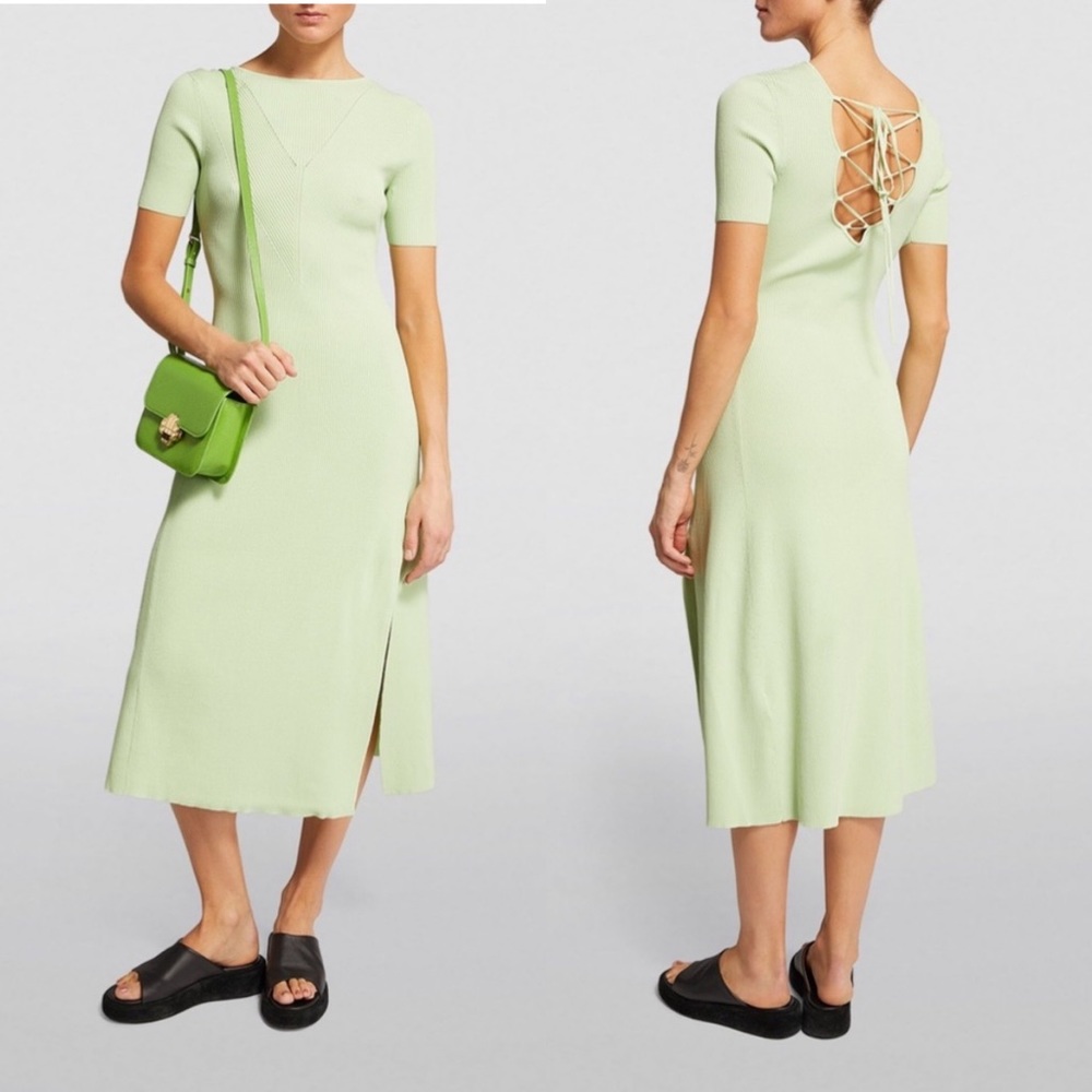 Maje Light Green Midi Dress with Back Lace-Up